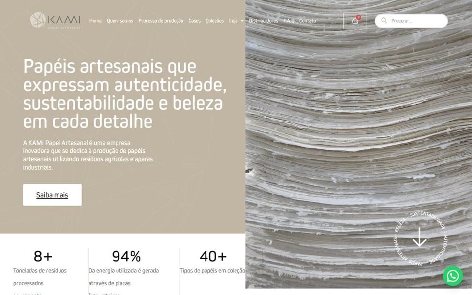 Criação de sites em Curitiba 11 Página inicial do site da Kami Papel Artesanal, criado pela Lab Growth